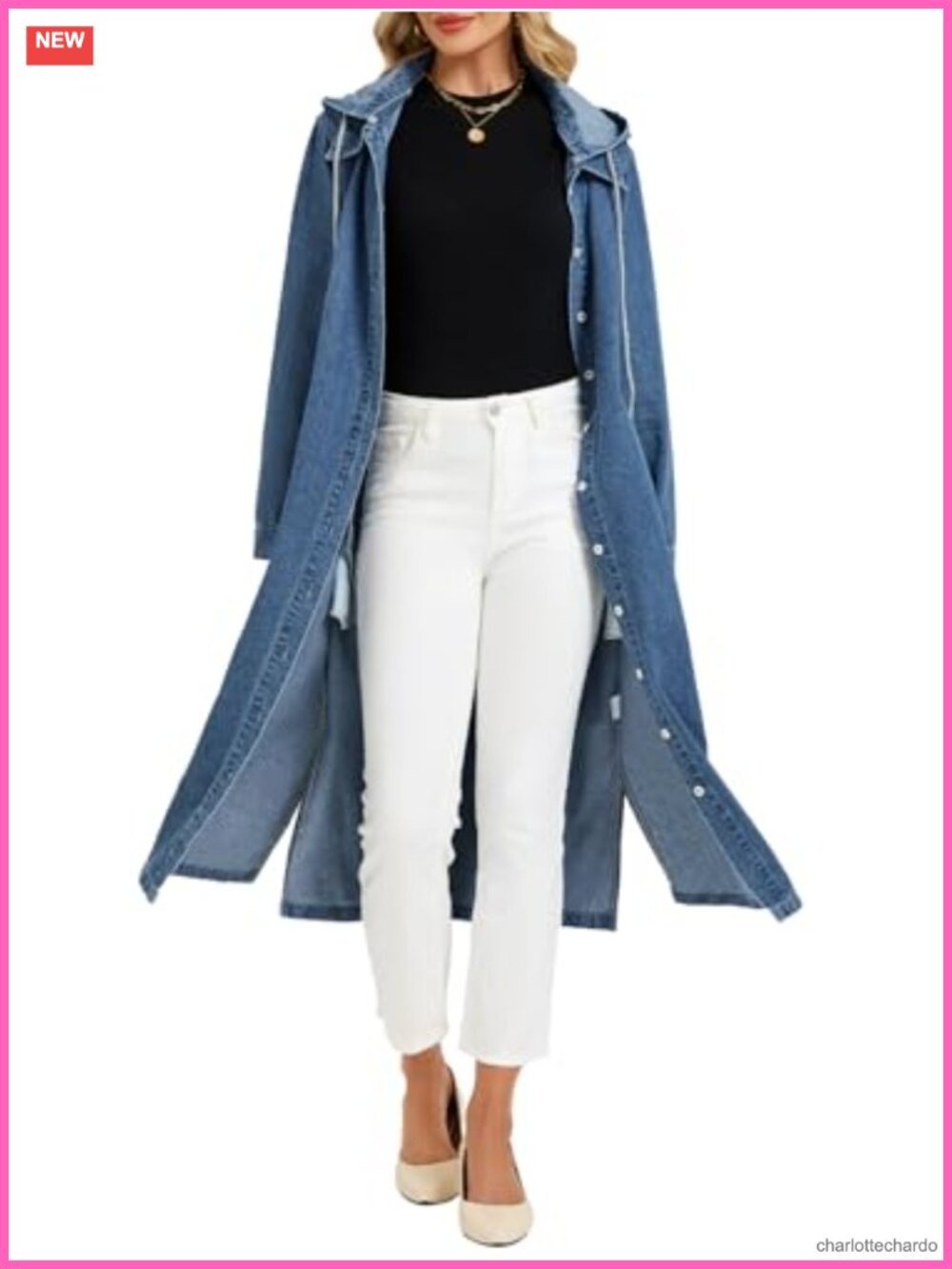 Women's Long Denim Jacket Hooded Trench Coat Oversized